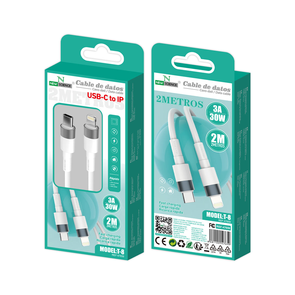 Cable PD USB-C a Lightning iPhone 3A 30W 2M T-8