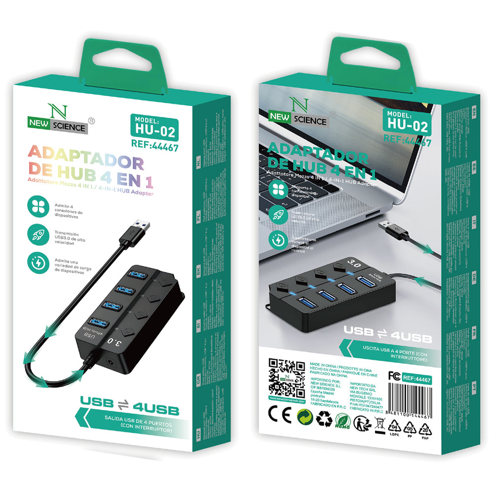 Adaptador HUB 4EN1 USB a USB con interruptores individuales 3.0 HU-02