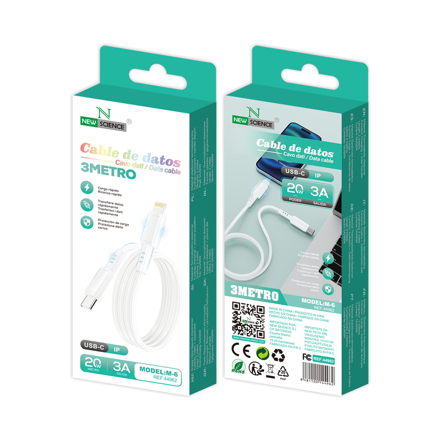 Cable PD USB-C a Lightning iPhone 3A/20W 3M M-6