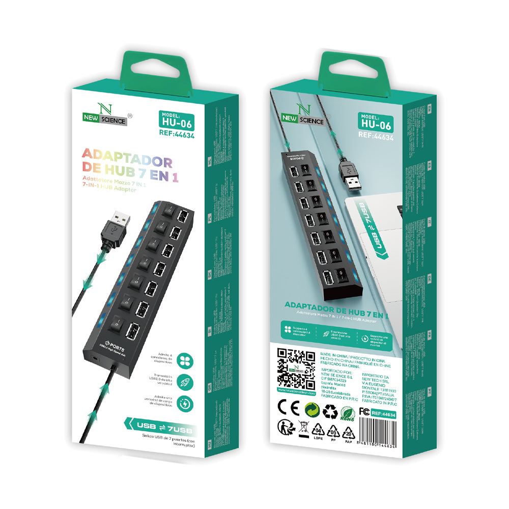 Adaptador HUB 7EN1 USB A USB 2.0 Con Interruptor HU-06