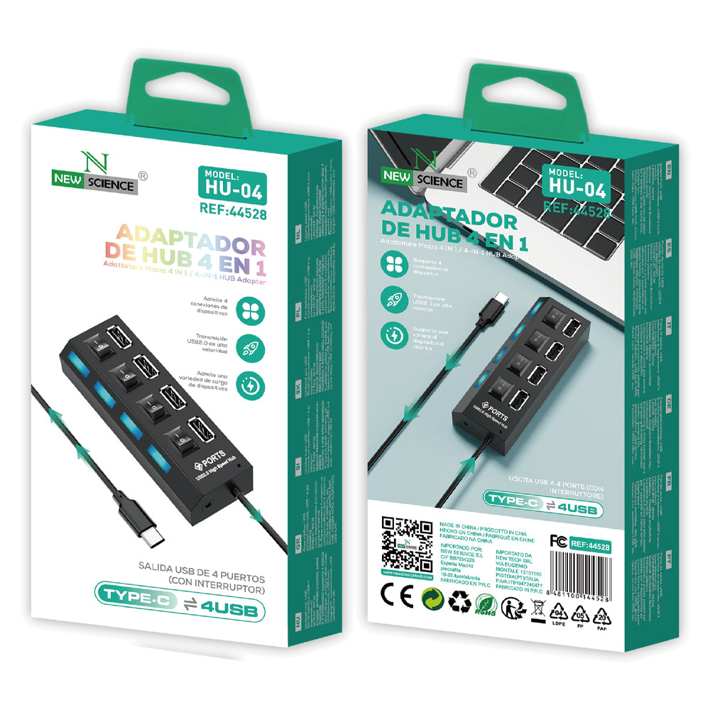 Adaptador HUB 4EN1 Type C a USB 2.0 ( Con interruptor ) HU-04