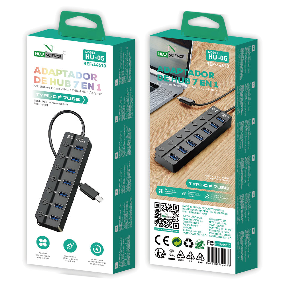 Adaptador HUB 7 em 1 Tipo C para USB 2.0 HU-05