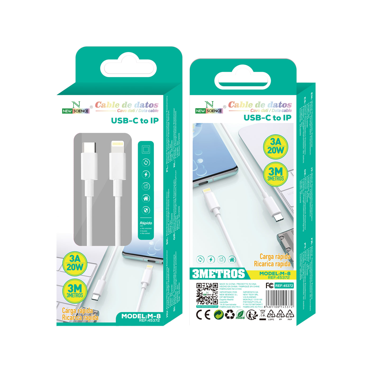 Cable PD USB-C a Lightning iPhone 3A/20W 3M M-8