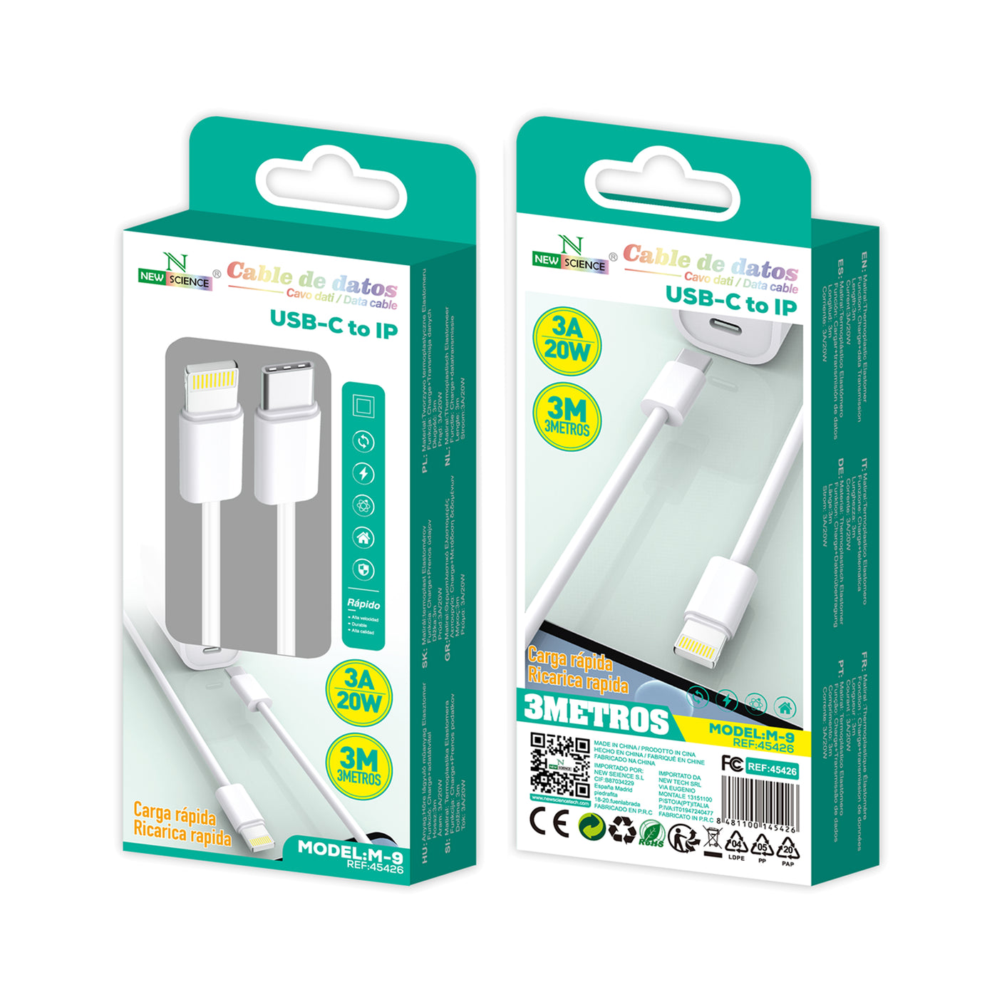 Cable PD USB-C a Lightning iPhone 3A/20W 3M M-9