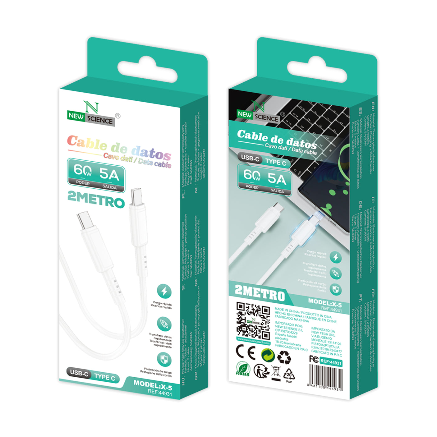 Cable PD USB-C a Type C 5A/60W 2M X-5