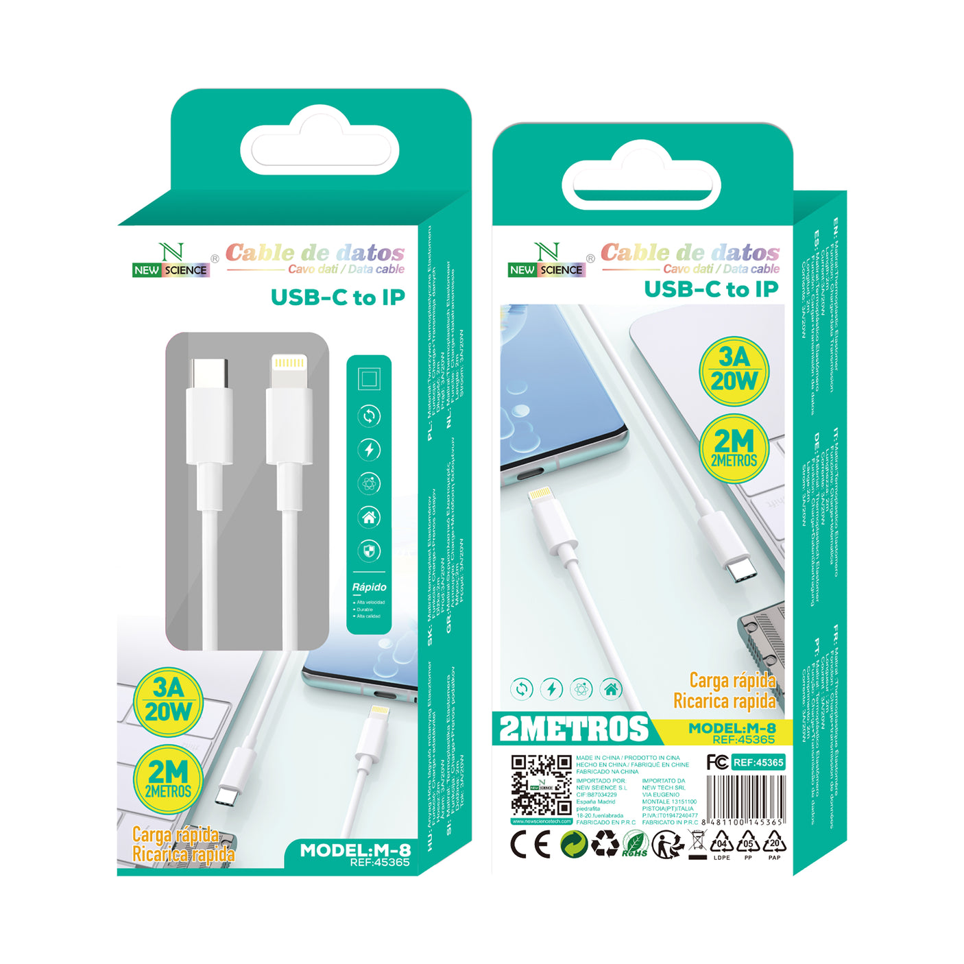 Cable PD USB-C a Lightning iPhone 3A/20W 2M M-8