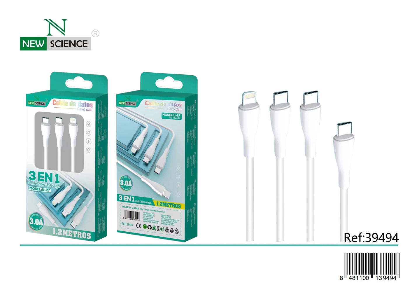 Multi cable 3en1 PD USB-C a Micro/Type C/iPhone 3.0A 1M U-27