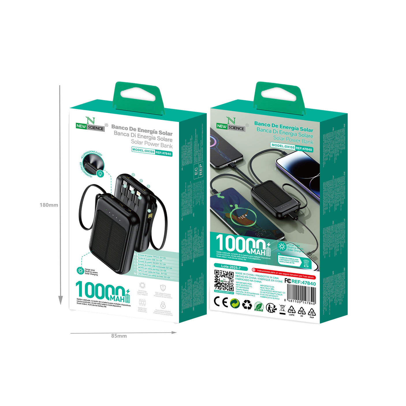 DX155 10,000mAh 5V/2A Solar Charging Power Bank