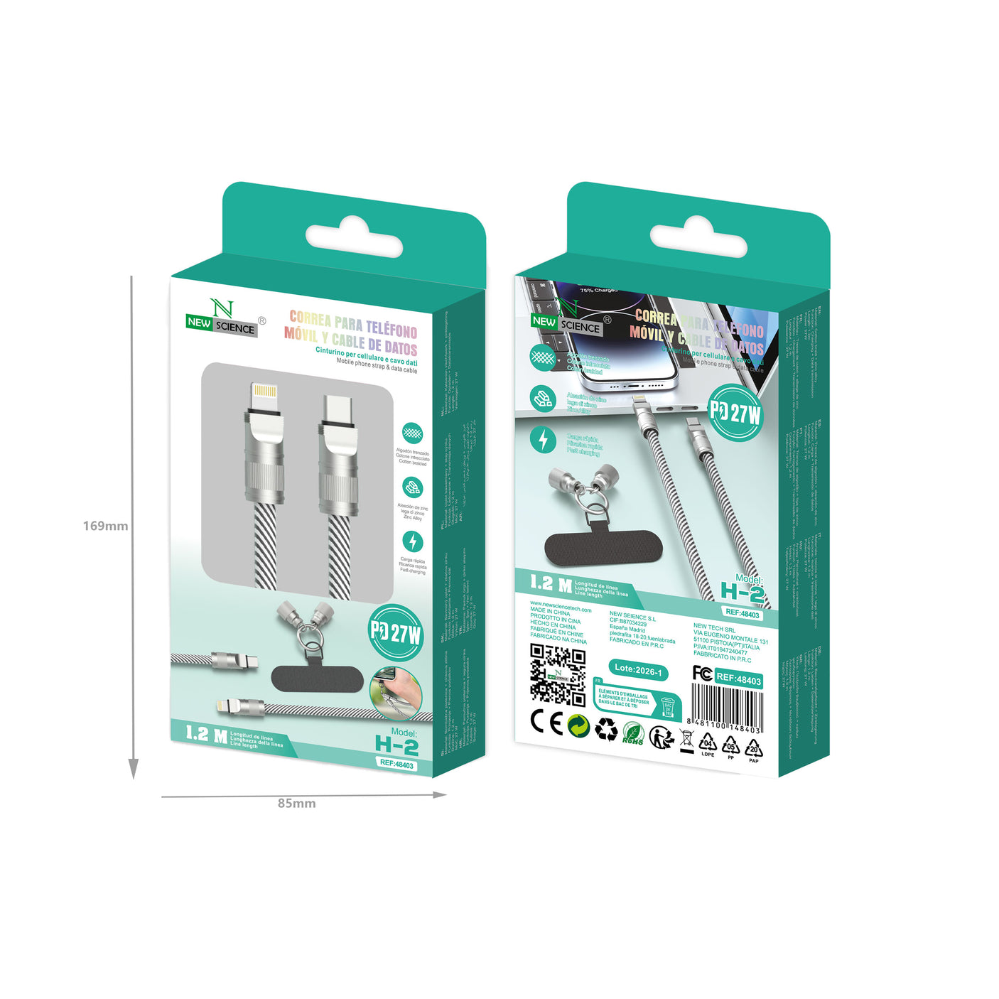 Cable Correa Nylon Trenzado PD USB-C a Lightning iPhone 27W 120CM, Modelo H-2