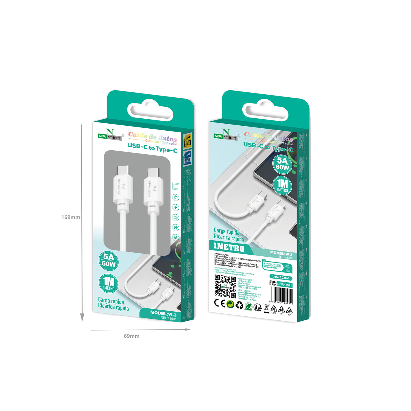 Cable PD USB-C a Type C 60W/5A 1Metro W-3