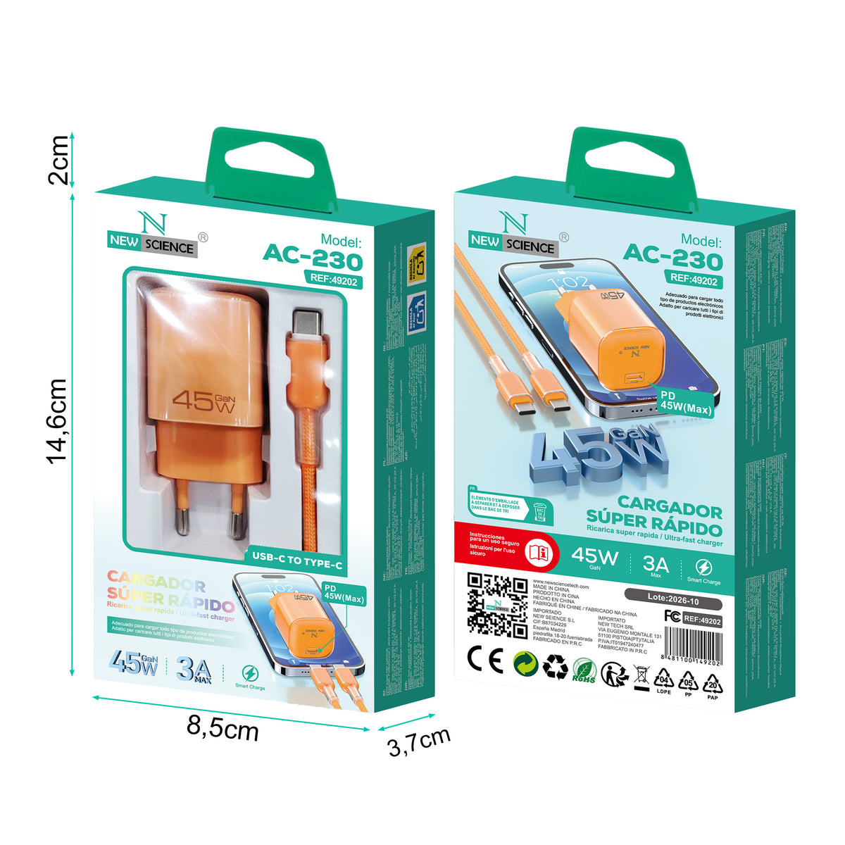 Cargador PD USB-C a Type C 45W 3A Modelo:AC-230 Naranja