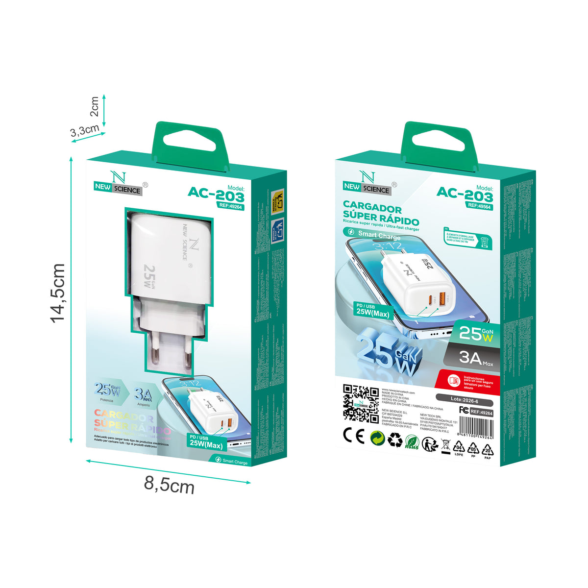 Enchufe Adaptador de 2 Puertos USB-C+USB-A 25W 3A Modelo: AC-203 Blanco