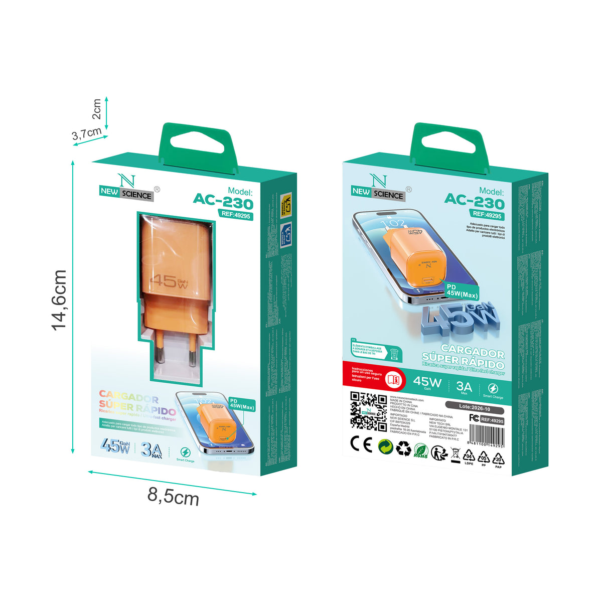 Enchufe Adaptador PD USB-C 45W 3A Modelo AC-230 Naranja