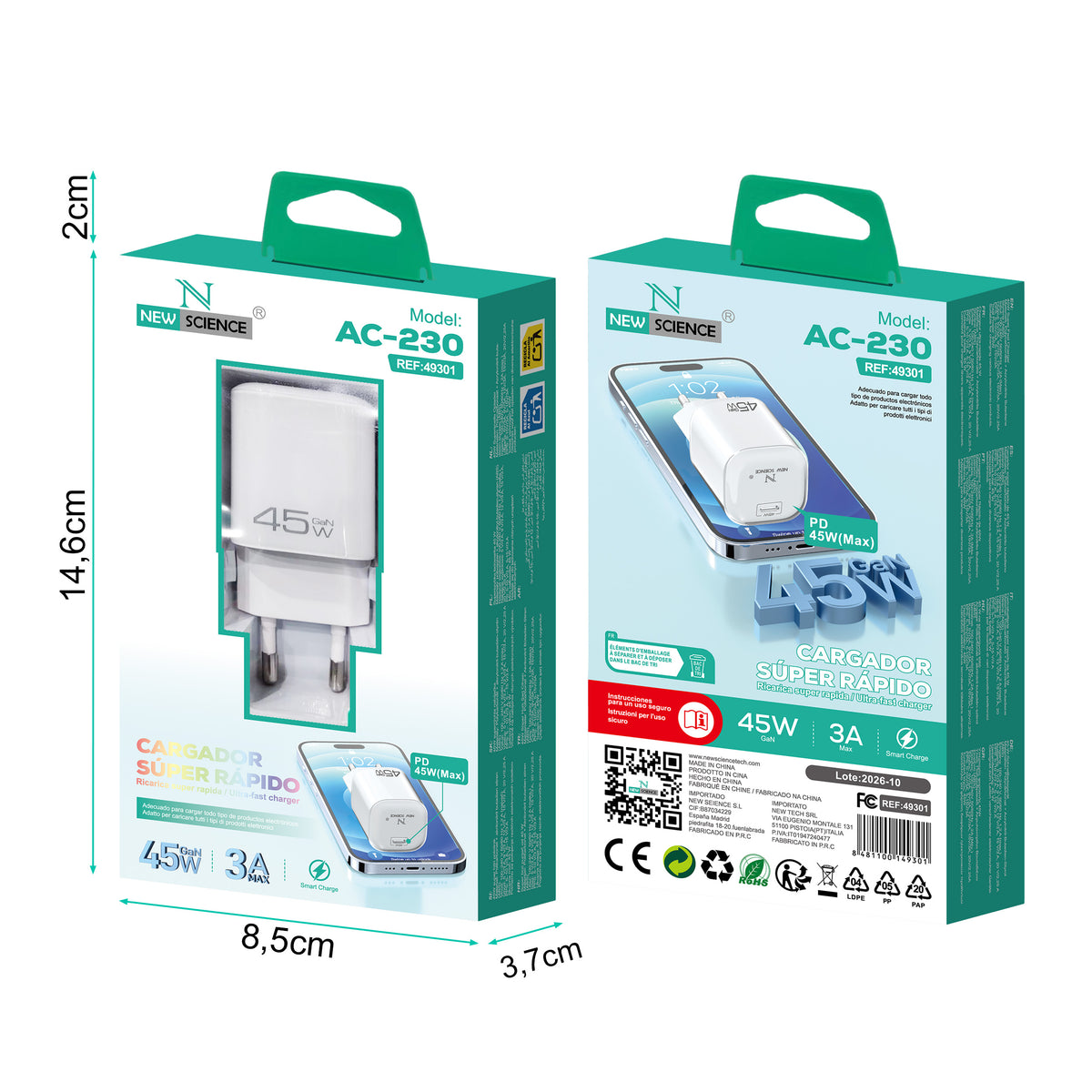 Enchufe Adaptador PD USB-C 45W 3A Modelo AC-230 Blanco
