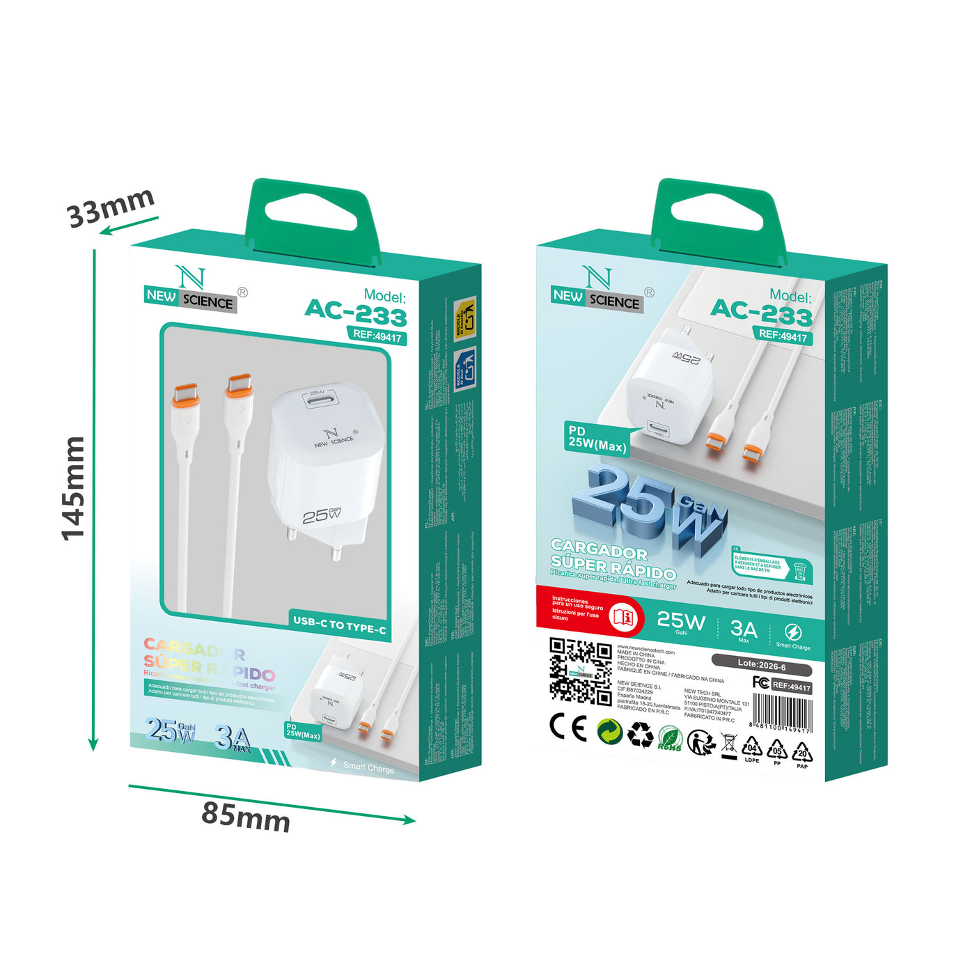 Cargador PD USB-C a Type C 25W AC-233