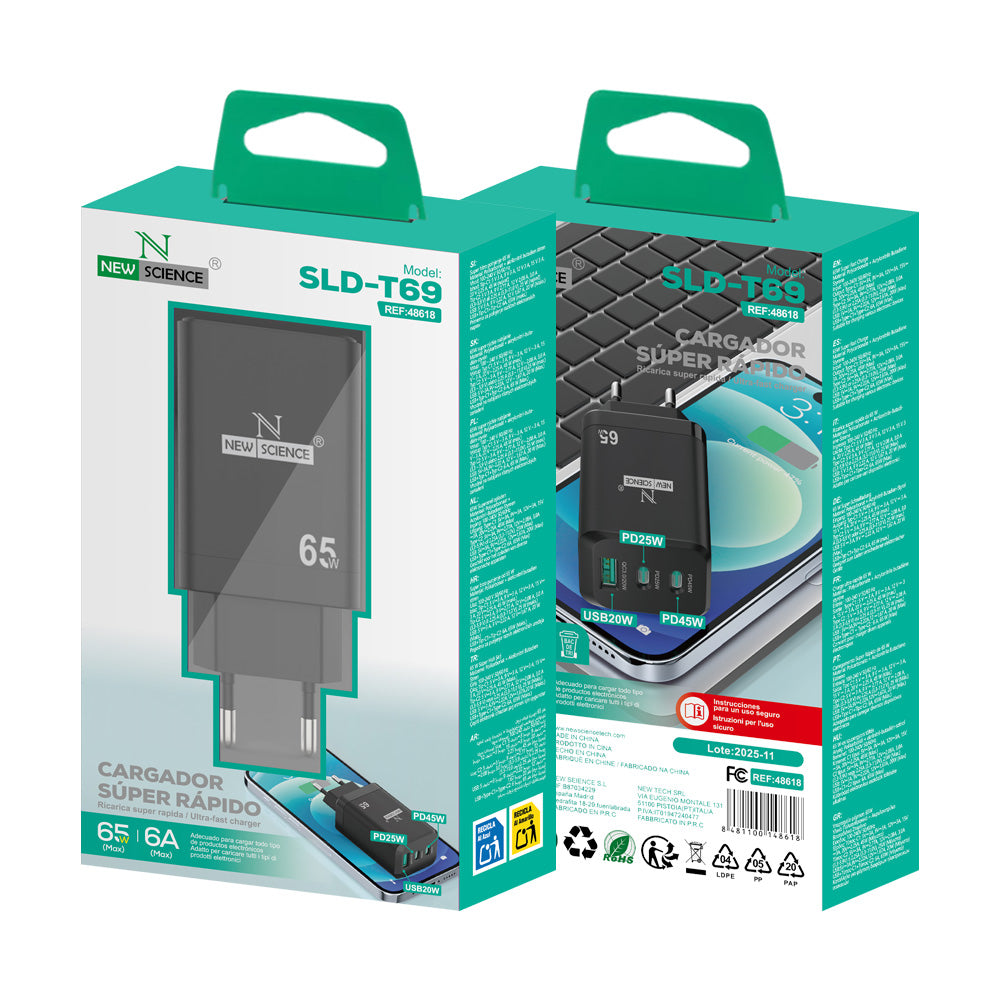 Enchufe Adaptador Triple USB20W+PD25W+PD45W SLD-T69