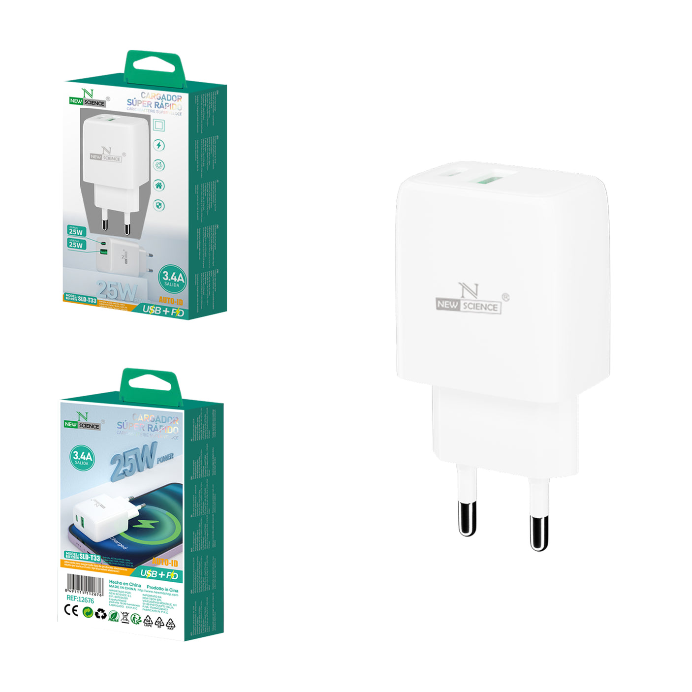 Plugue PD 25W+USB 25W 3.4A SLD-T33