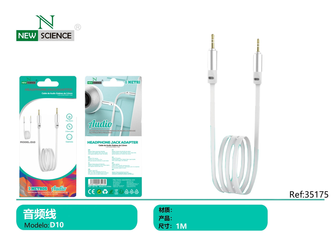 Cable de Audio Estereo de 3.5mm Blanco Modelo D10