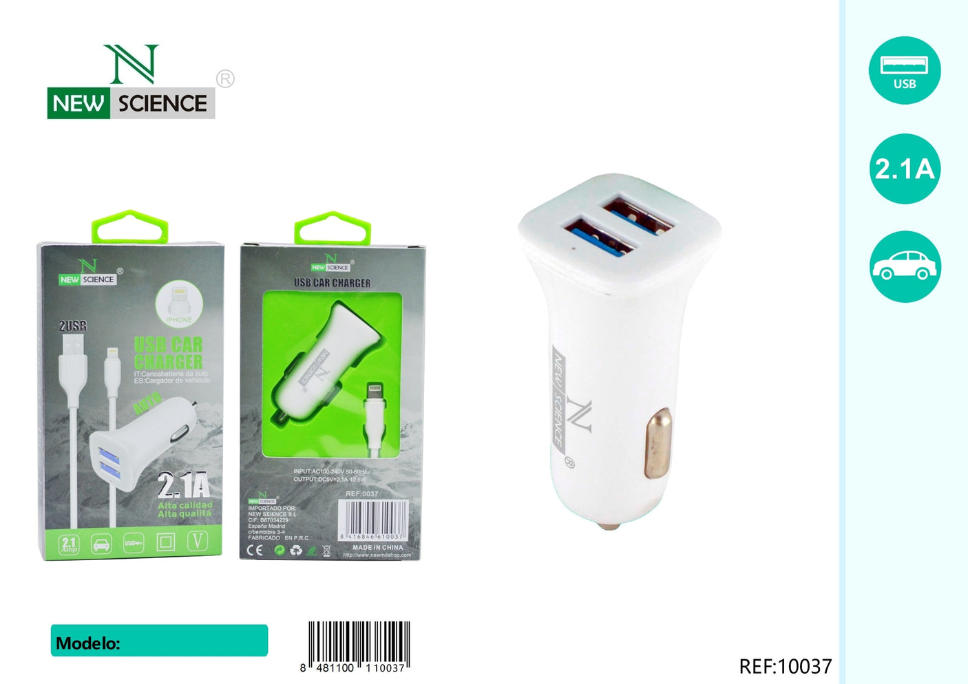 Cargador Coche 2USB a iPhone 2.1A