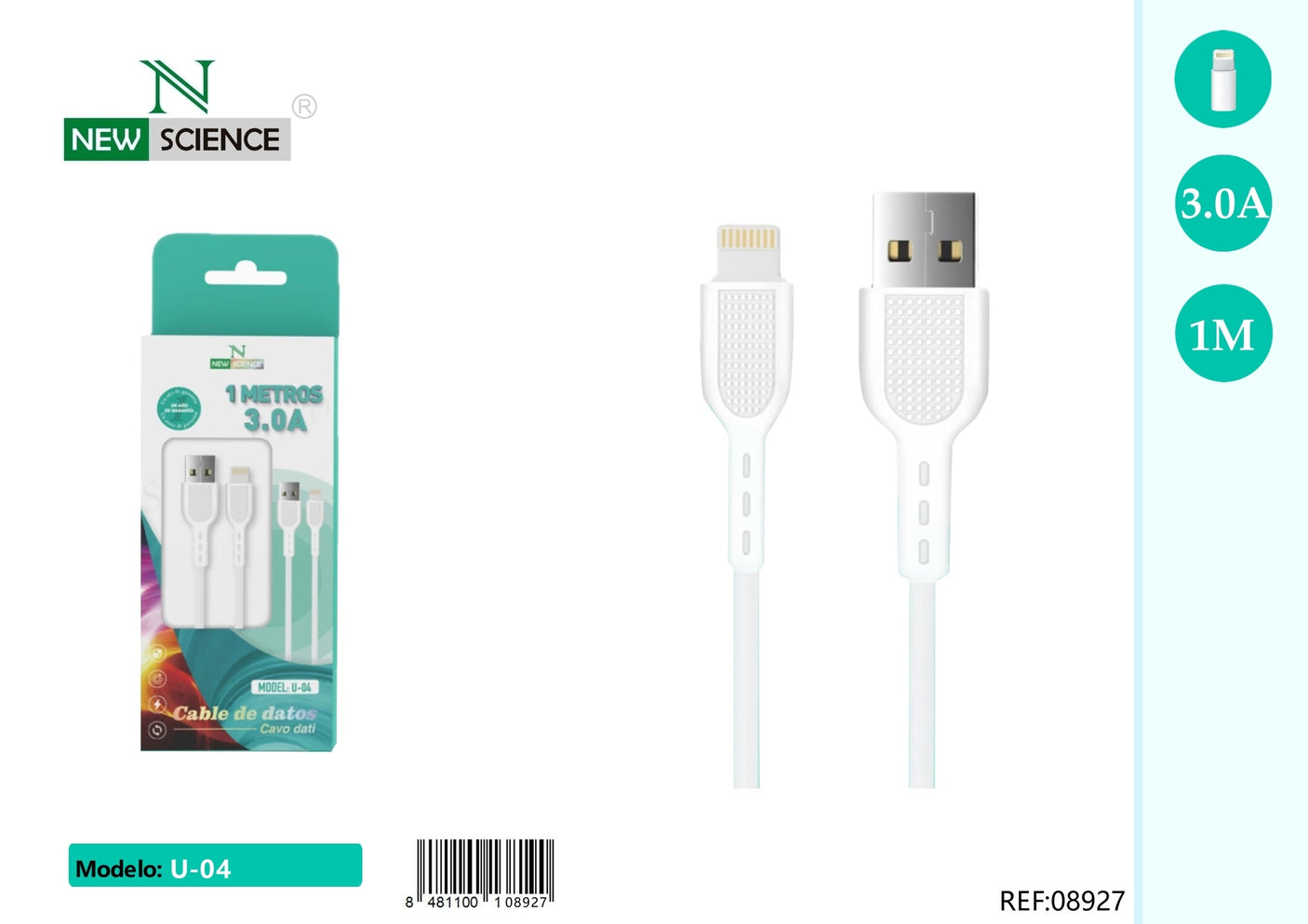 Cabo USB para iPhone 3.0A 1M U-04