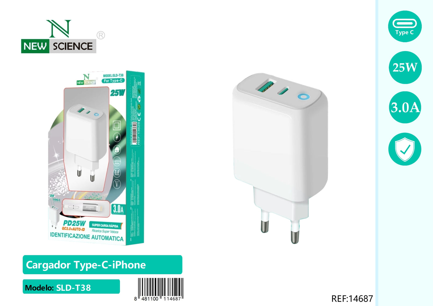 Carregador PD+USB para iPhone 25W SLD-T38