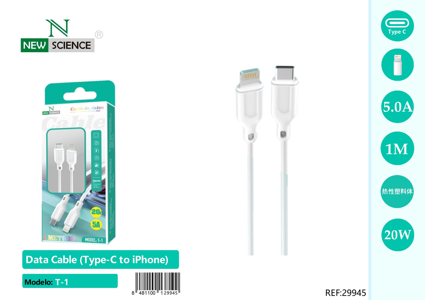 Cable PD USB-C a iPhone 20W 1M T-1