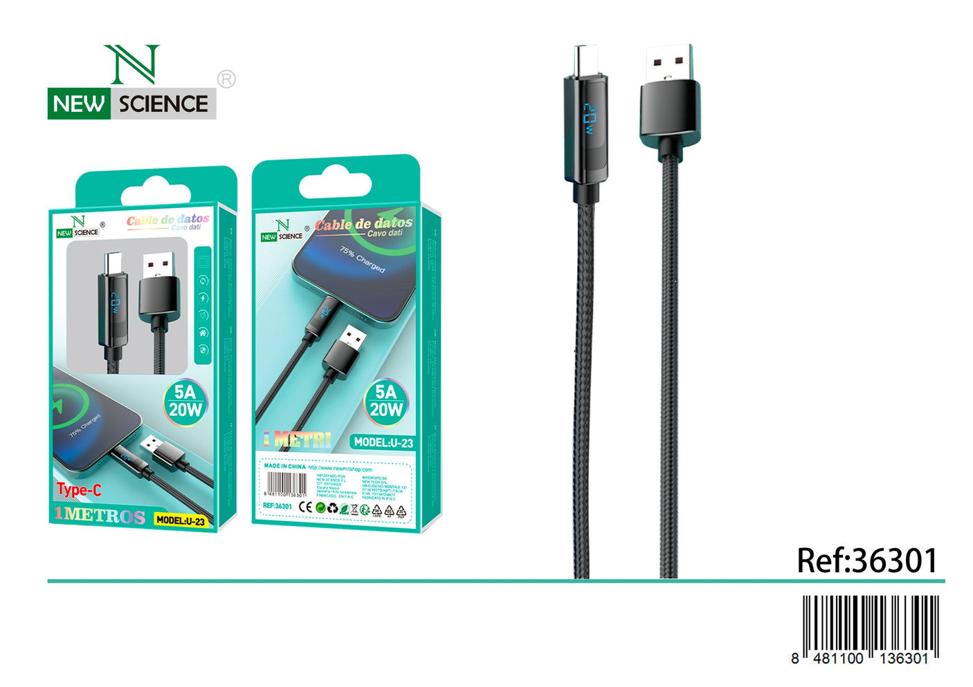 Cabo USB para Tipo C 5A/20W 1M U-23