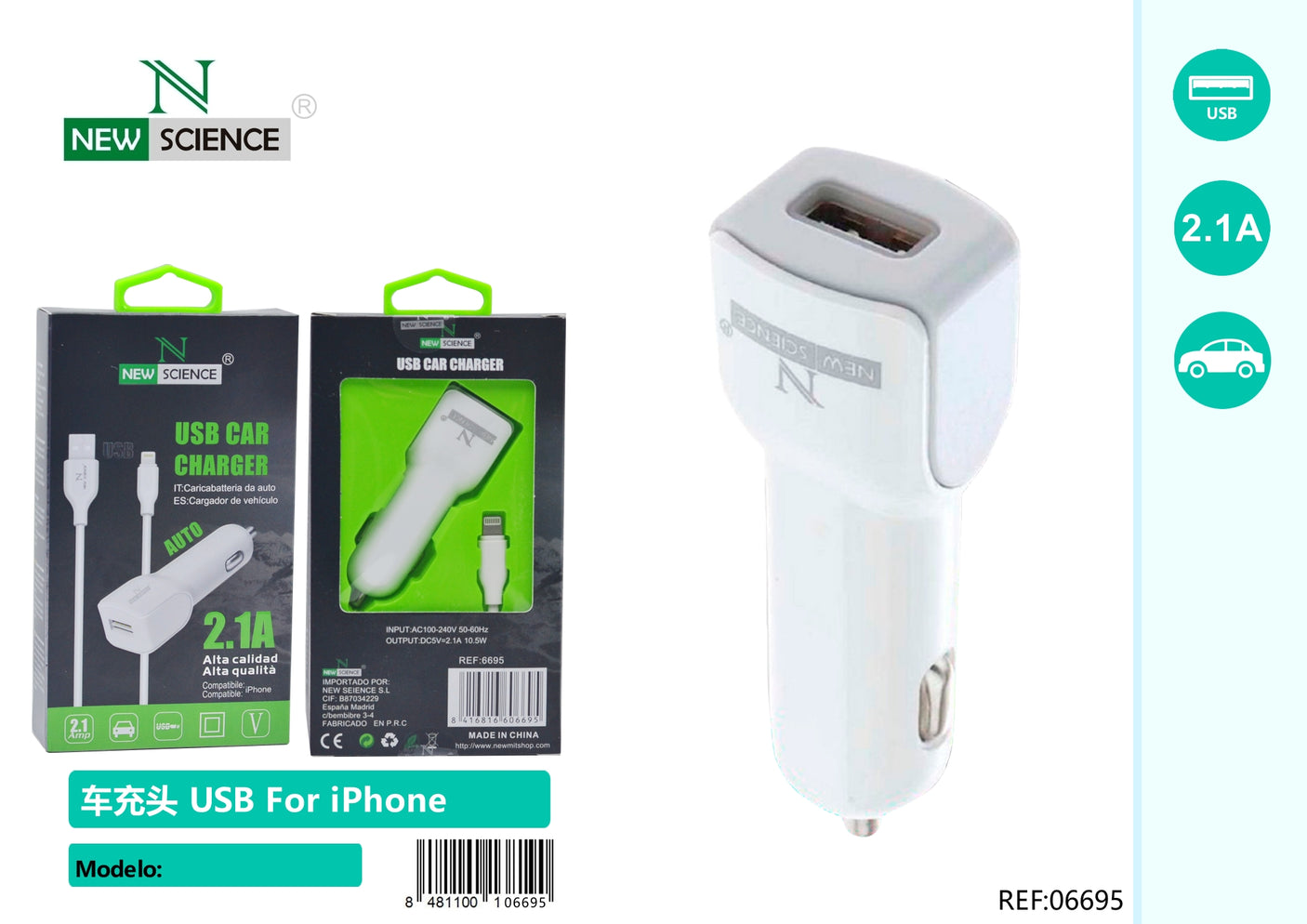 Cargador Coche USB a iPhone 2.1A
