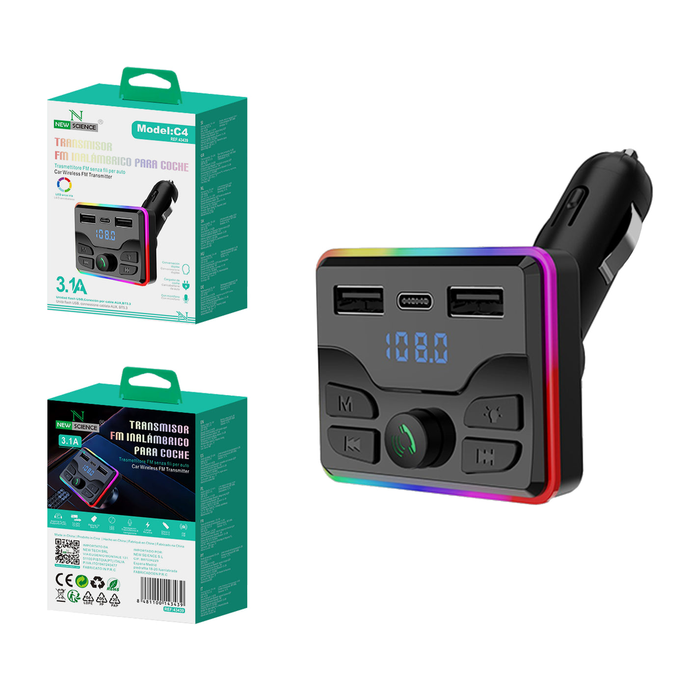 Transmisor FM Inalámbrico para Coche 3.1A Modelo C4