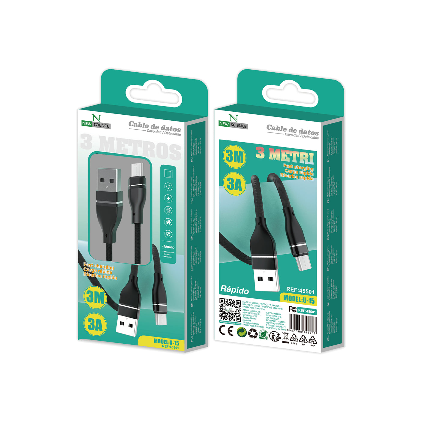Cable Nylon USB a Micro 3A 3 Metros U-15