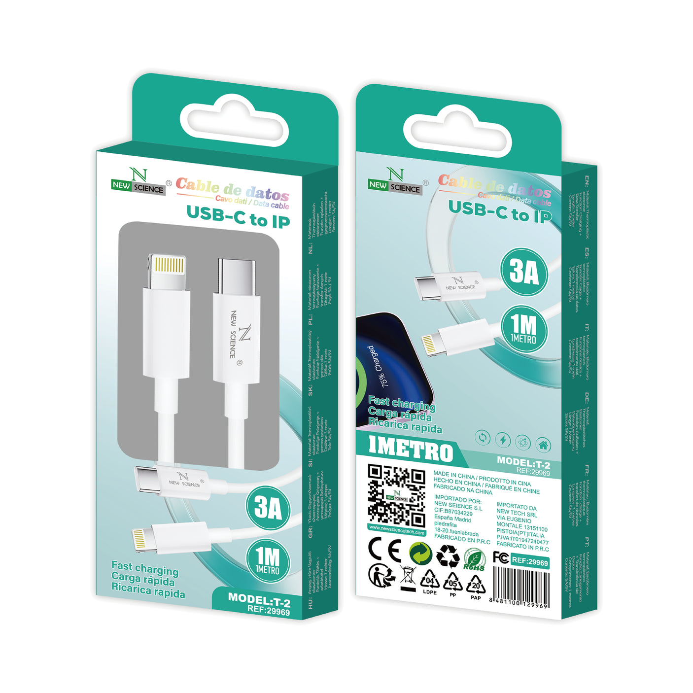 Cabo PD USB-C para iPhone 20W 1M T-2