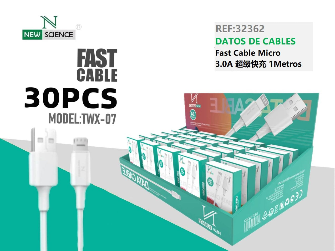 Pack Cables USB a Micro 3A 1M TWX-07 (30 uds)