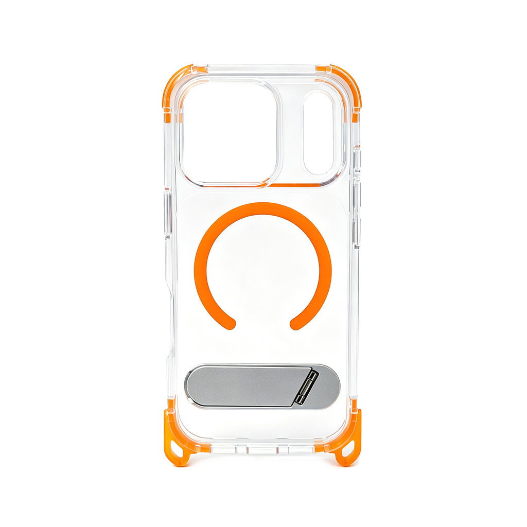 iPhone 17 Pro Max / 18 Pro Max Carcasa MagSafe Transparente Reforzada con Soporte y Agujeros para Cordón
