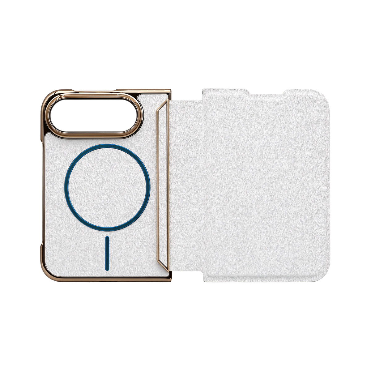 iPhone Duo Carcasa MagSafe Tipo Libro Piel con Borde Metálico + Tarjetero
