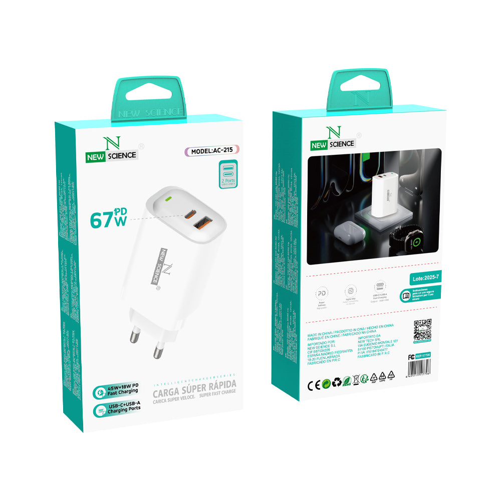 Enchufe 2 Puertos USB-C+USB 67W Modelo: AC-215
