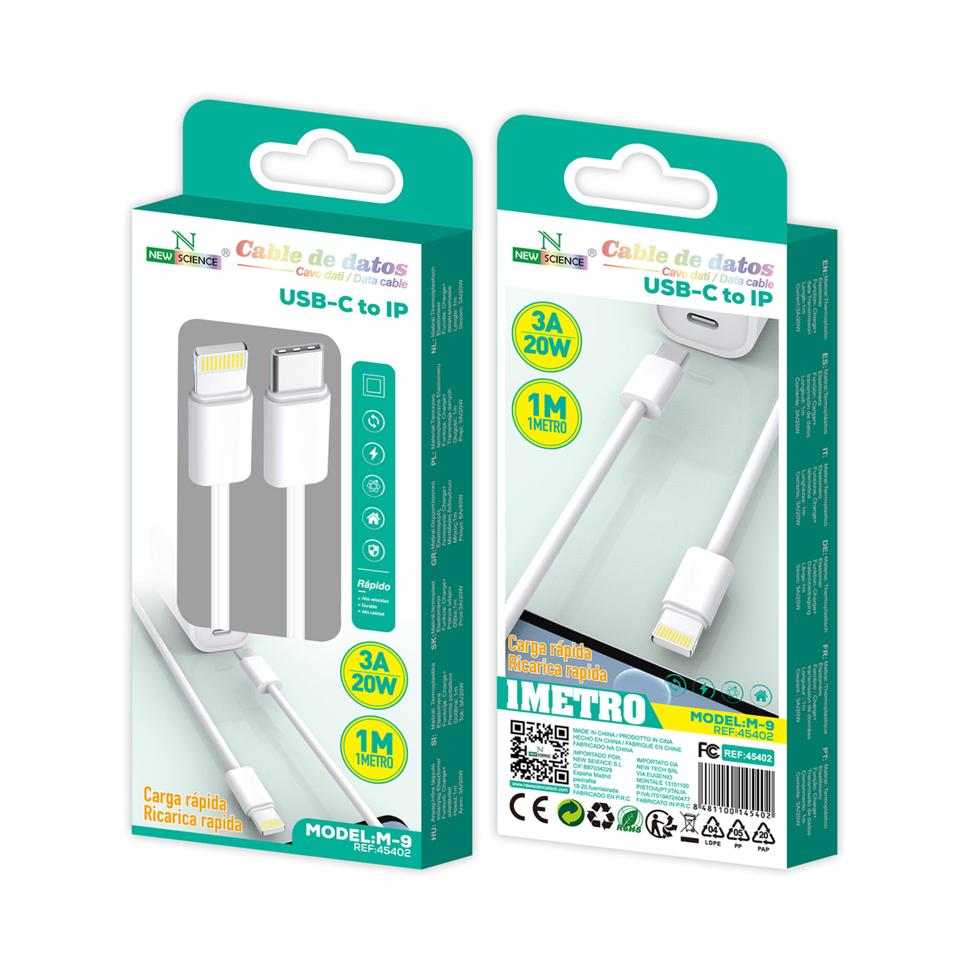 Cable PD USB-C a Lightning iPhone 3A/20W 1M M-9
