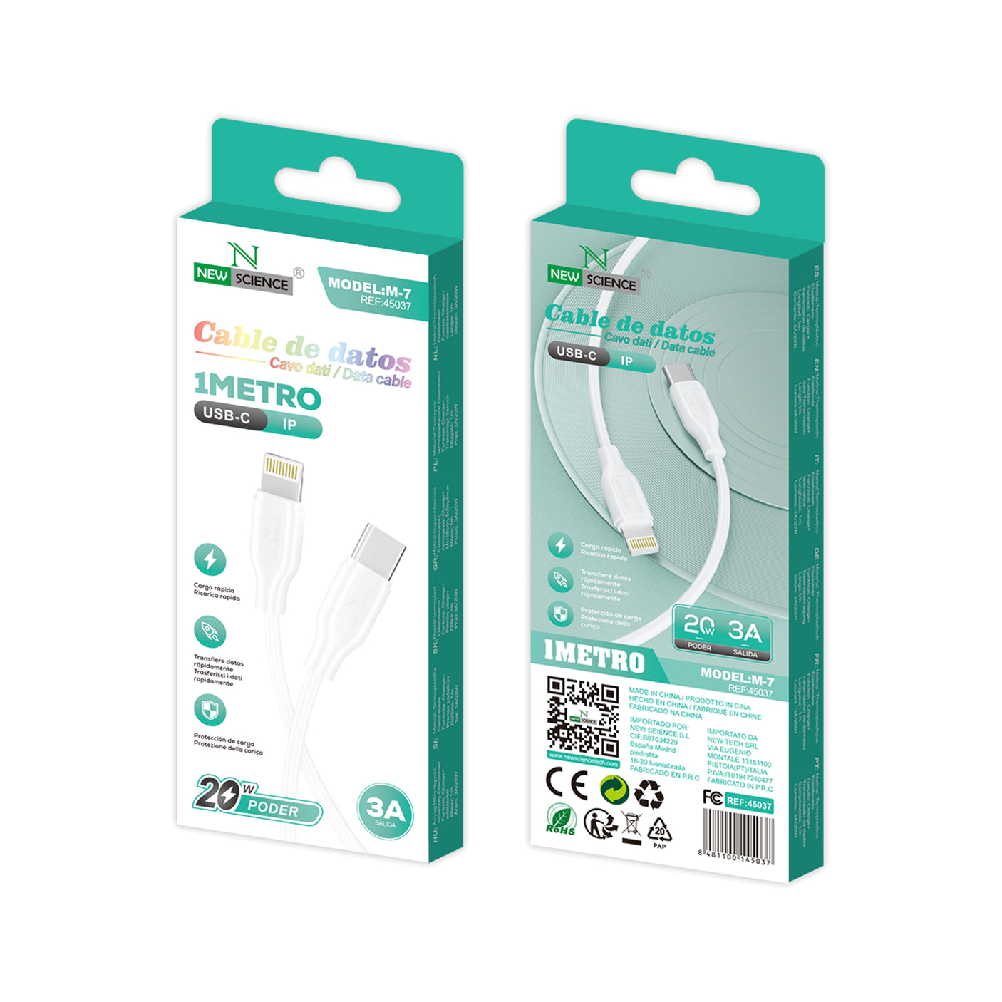 Cable PD USB-C a Lightning iPhone 3A/20W 1M M-7