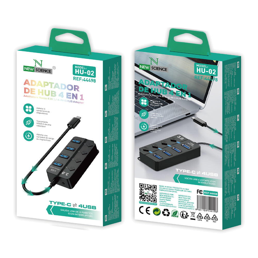 Adaptador HUB 4EN1 Type C a USB con interruptores individuales 3.0 HU-02