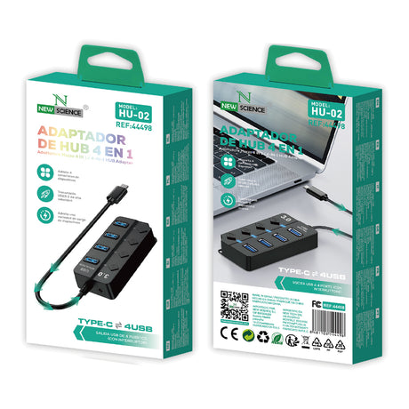Adaptador HUB 4EN1 Type-C a USB con interruptores individuales 3.0 HU-02