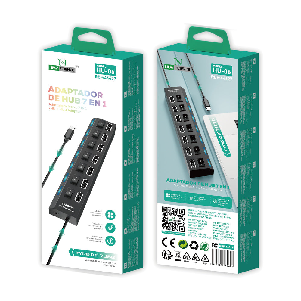Adaptador HUB 7EN1 Type C A USB 2.0 Con Interruptor HU-06