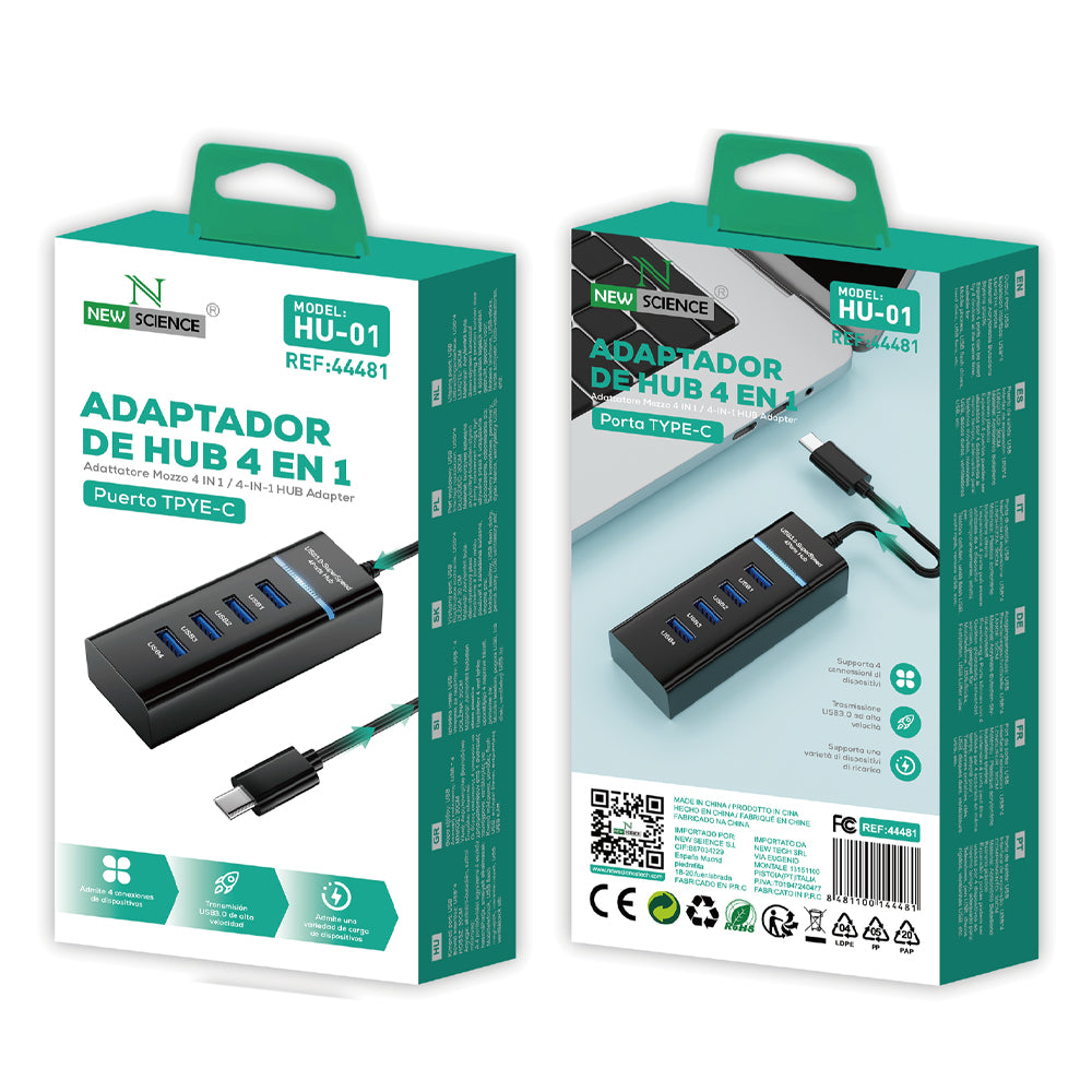 Adaptador HUB 4EN1 TYPE-C A USB 3.0 HU-01
