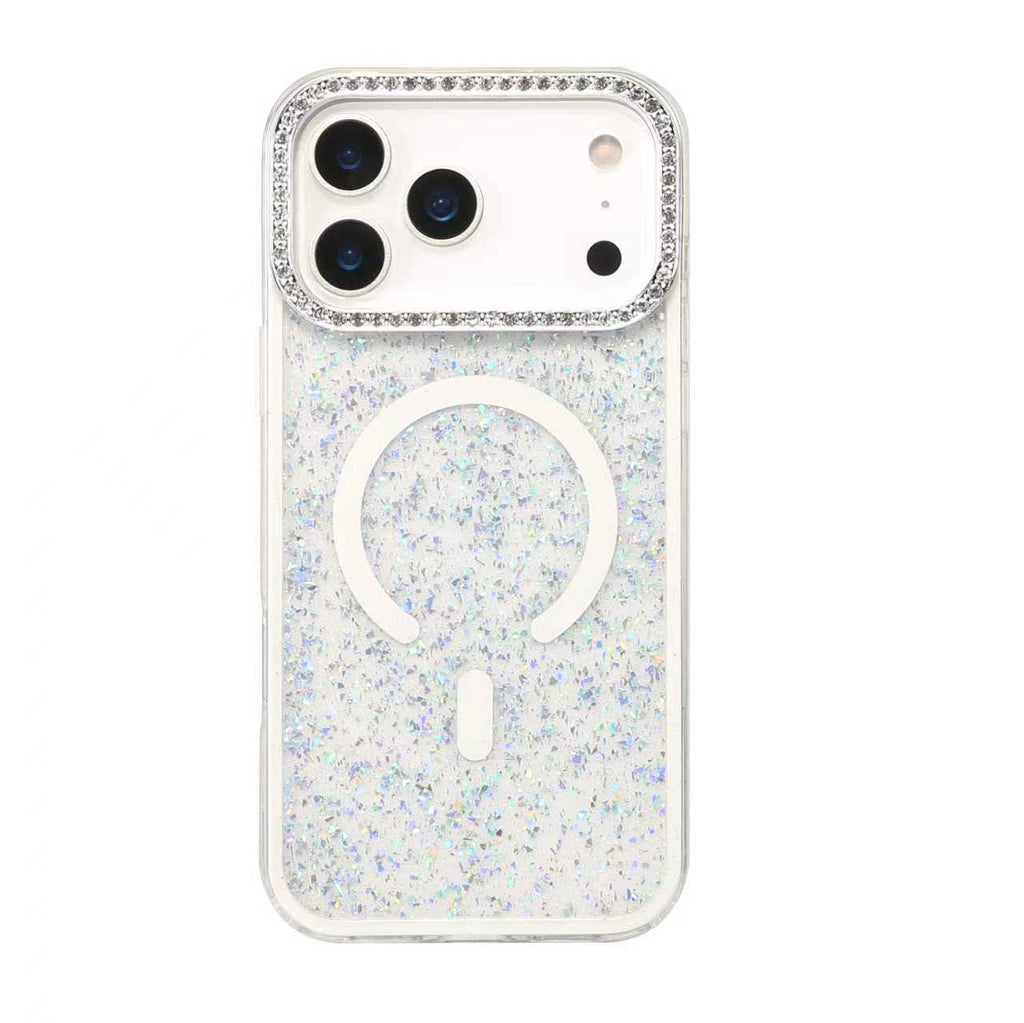 Capa magnética com glitter para iPhone 15 e moldura para câmara com detalhes em diamante.