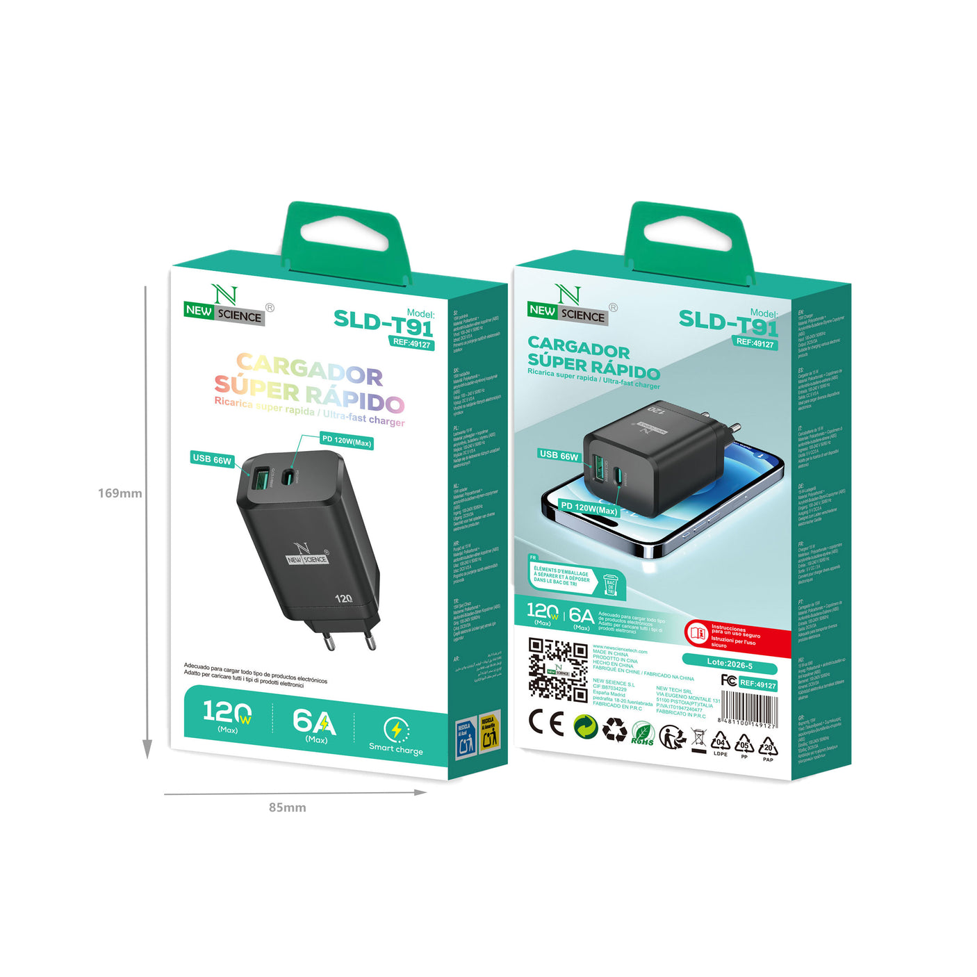 Enchufe Adaptador 2Puertos PD USB-C 120W+USB 66W SLD-T91