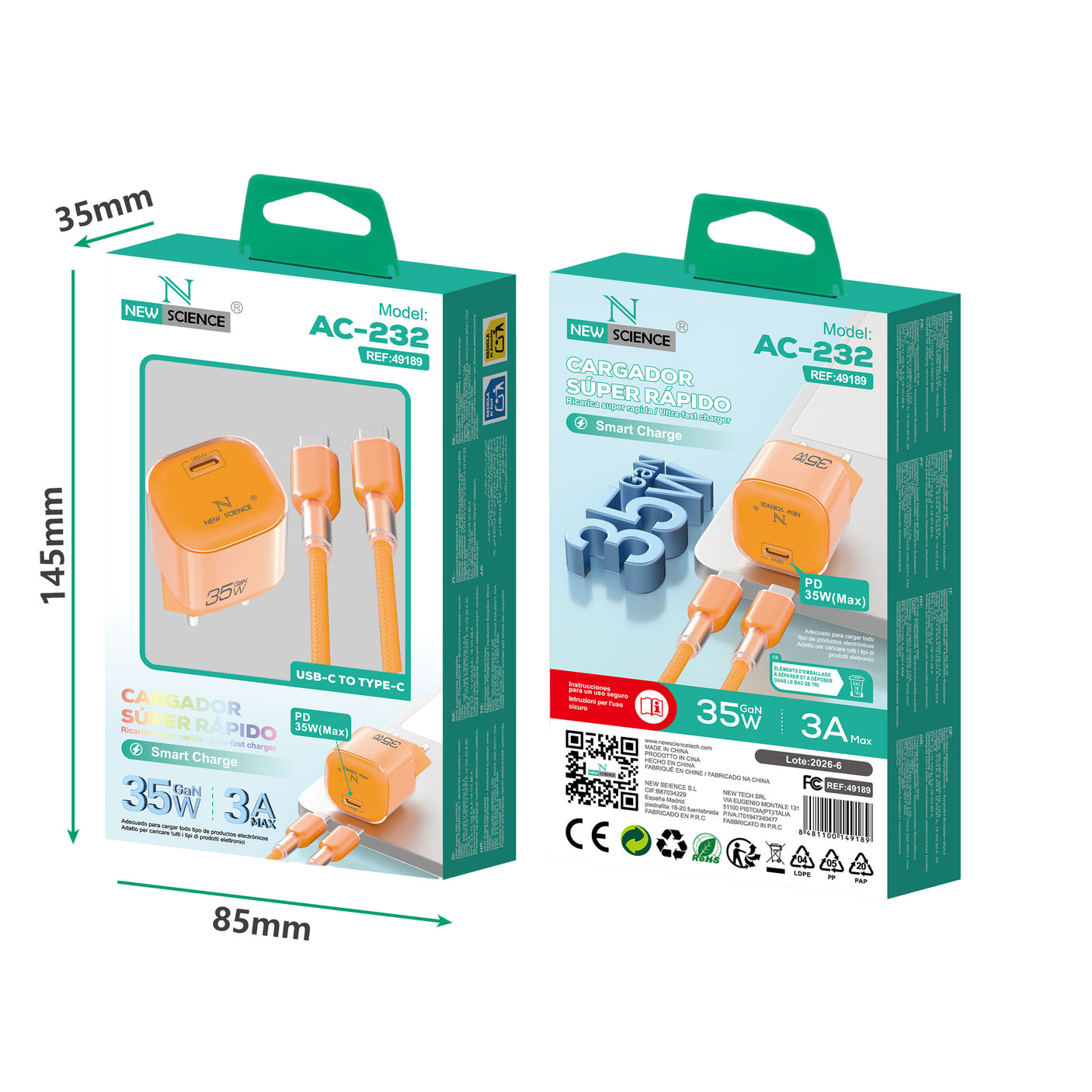 Cargador PD USB-C a Type C 35W AC-232 NARANJA