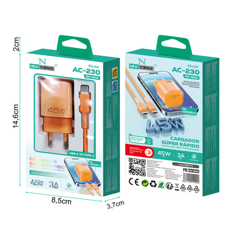 Cargador PD USB-C a Type C 45W 3A Modelo:AC-230 Naranja
