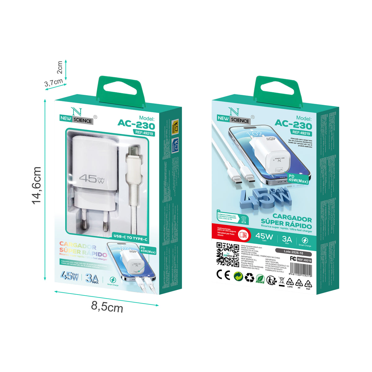 Cargador PD USB-C a Type C 45W 3A Modelo:AC-230 Blanco