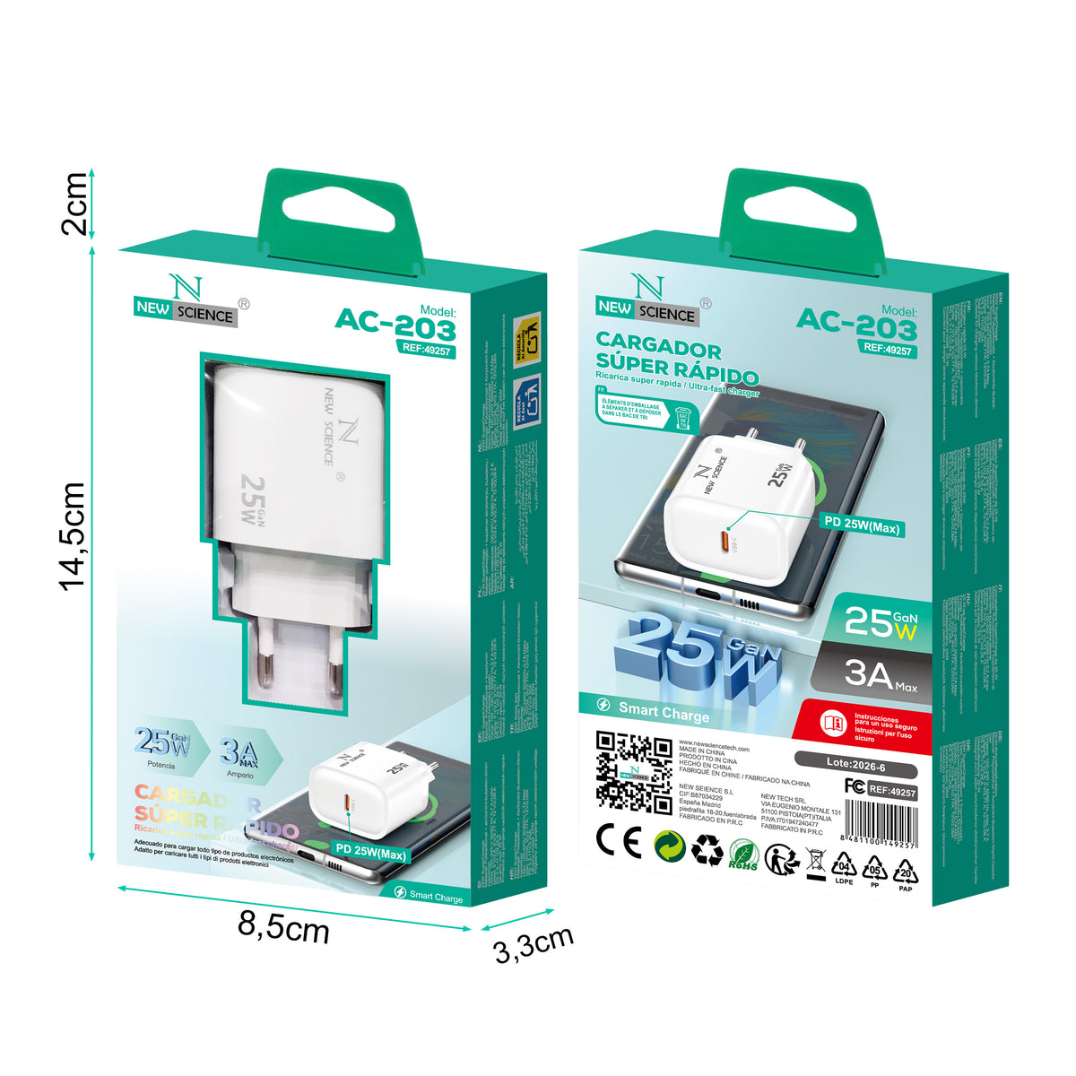 Enchufe Adaptador PD USB-C 25W 3A Modelo: AC-203 Blanco