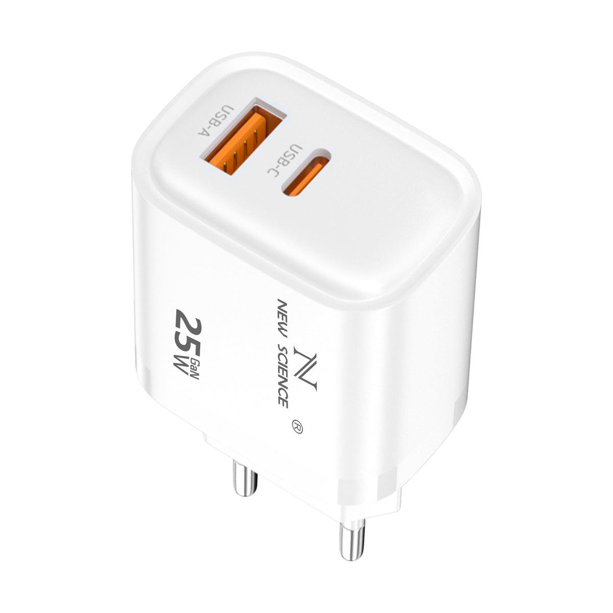 Enchufe Adaptador de 2 Puertos USB-C+USB-A 25W 3A Modelo: AC-203 Blanco