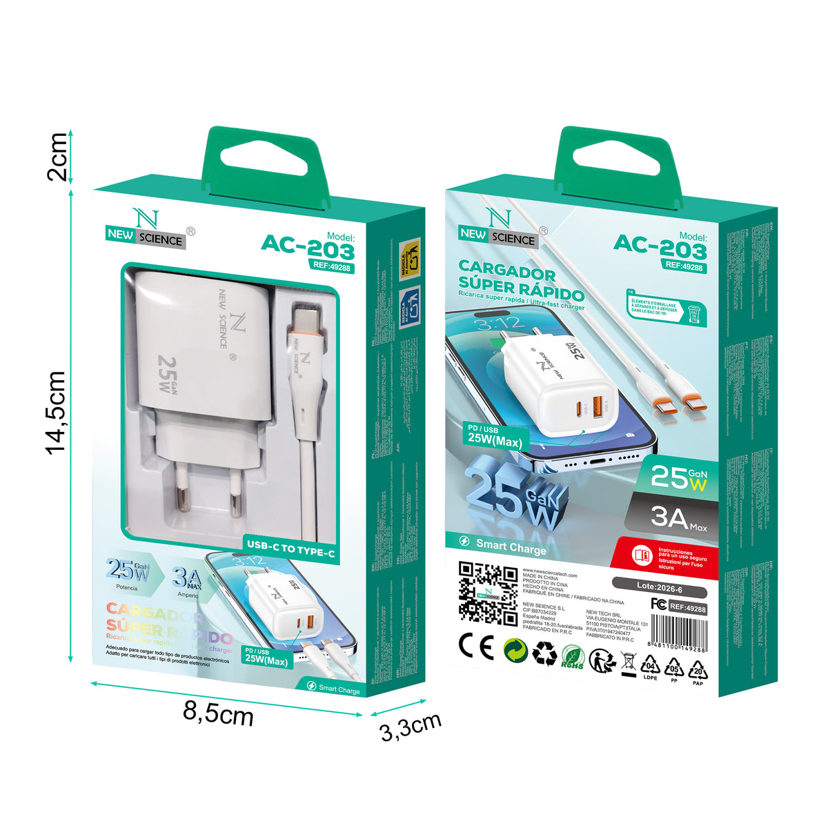 Cargador de 2 Puertos PD USB-C + USB-A 25W 3A Modelo:AC-203 Blanco