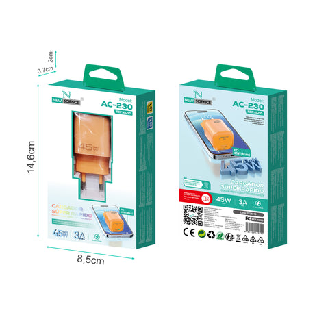 Enchufe Adaptador PD USB-C 45W 3A Modelo AC-230 Naranja